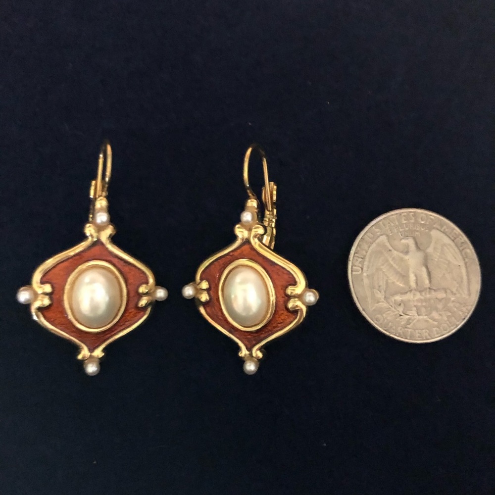 Retro GoldTone Copper Enamel & Pearls Earrings